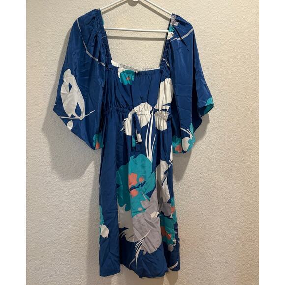 Yumi Kim Blue Floral 100% Silk 3/4 Sleeves Square Neck Mini Dress Size S